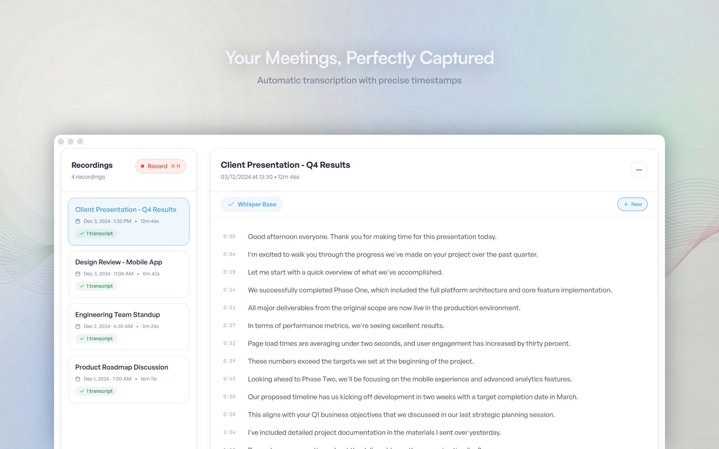 Notably app interface showing meeting transcription